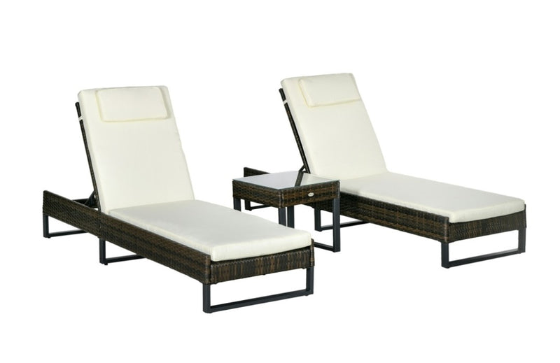 Outsunny Rattan Sun Lounger Set w/ Cushions, 5-Level Chaise Lounge Chairs Brown