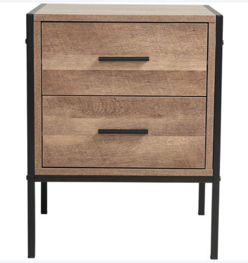 Metal Frame Wood Industrial Bedside Table with 2 Drawers