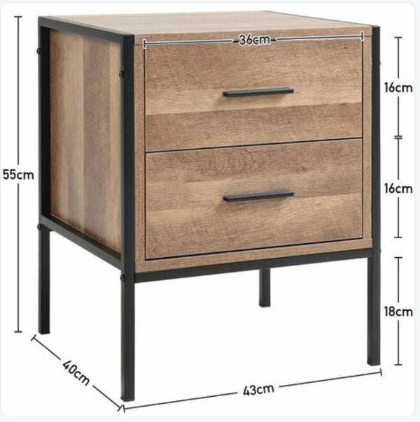 Metal Frame Wood Industrial Bedside Table with 2 Drawers