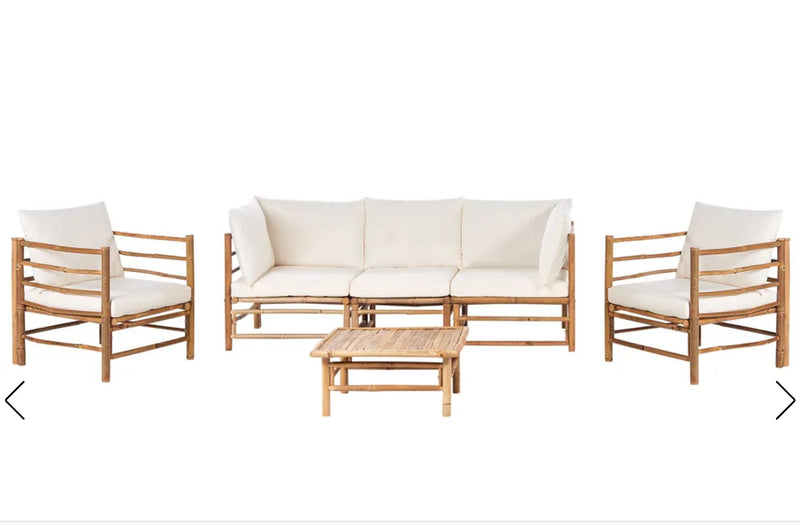 CERRETO Garden Lounge Set with Table 5 Seater : Bamboo Wood Off-White