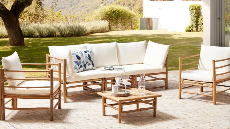CERRETO Garden Lounge Set with Table 5 Seater : Bamboo Wood Off-White