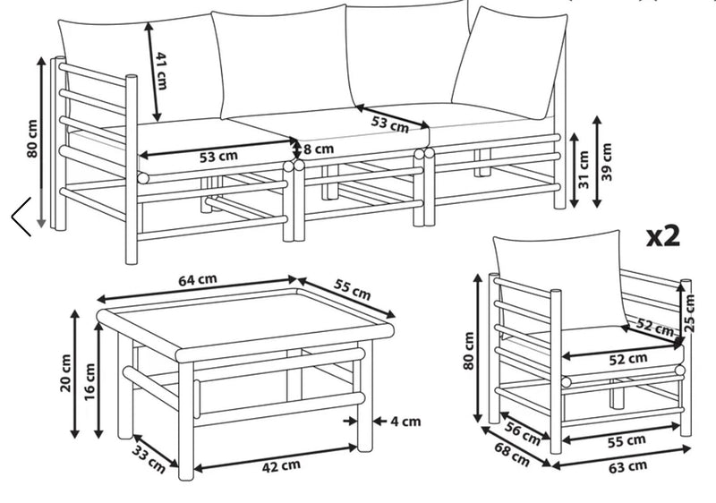 CERRETO Garden Lounge Set with Table 5 Seater : Bamboo Wood Off-White
