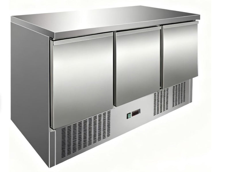 Culinox S903SSTOP 3 Door Refrigerated Prep Counter Fridge Solid Top - 368 Ltr Stainless Steel Top