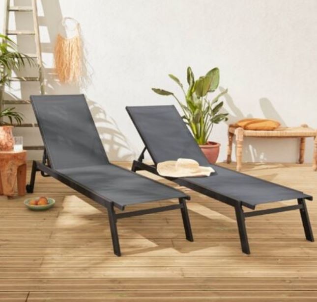 Alice's Garden Set of 6 ELSA sun loungers in grey aluminium and beige-brown grey textilene adjustable loungers with wheels
