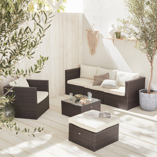 Alice's Garden Benito rattan and aluminium 5-seater garden sofa se chocolate / off white cushions