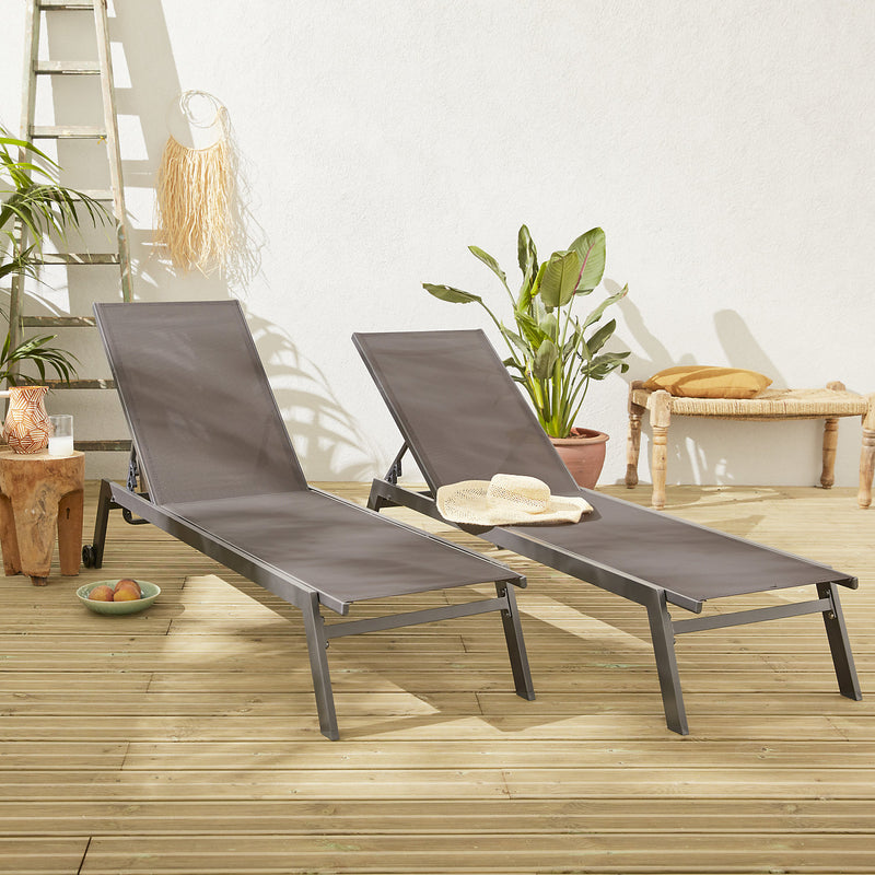 Alice's Garden Set of 2 ELSA sun loungers in grey aluminium and beige-brown grey textilene adjustable loungers with wheels