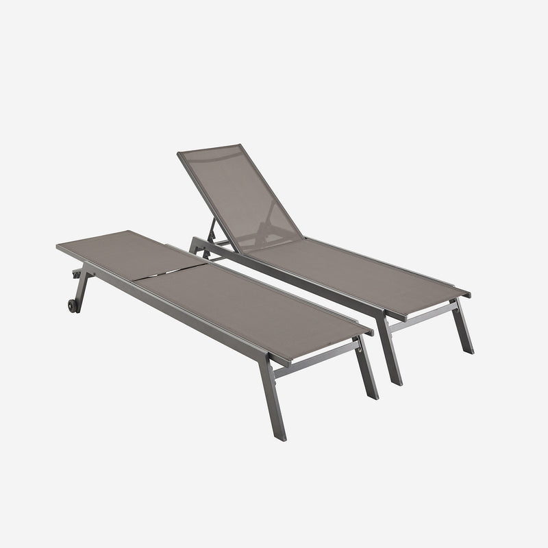 Alice's Garden Set of 2 ELSA sun loungers in grey aluminium and beige-brown grey textilene adjustable loungers with wheels