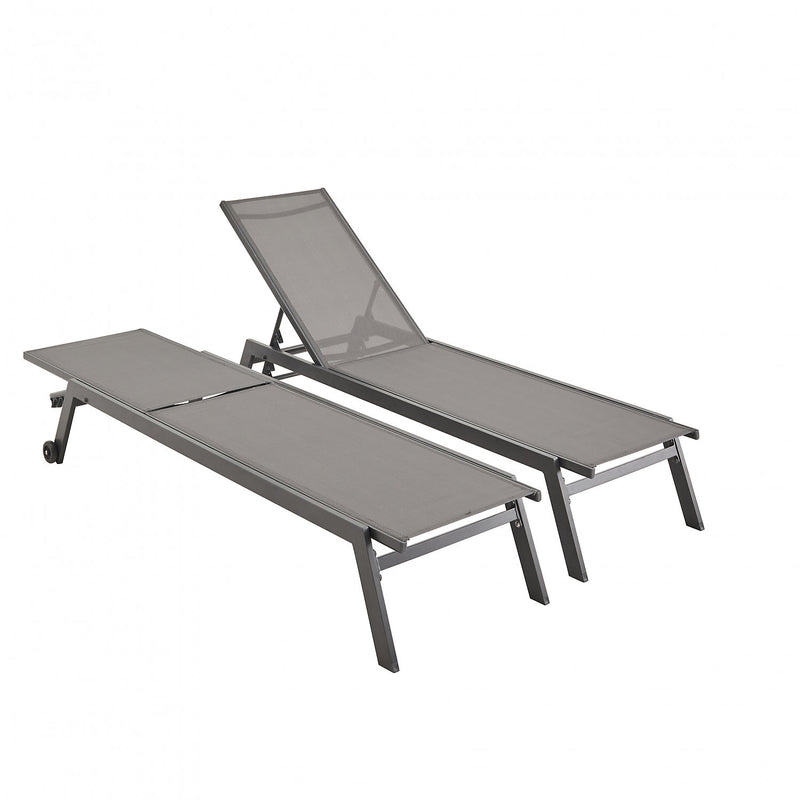 Alice's Garden Set of 2 ELSA sun loungers in grey aluminium and beige-brown grey textilene adjustable loungers with wheels