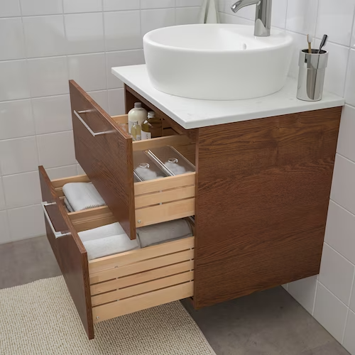 Wsh-stnd w countertop 45 wsh-basin, brown stained ash effect/marble effect Dalskär tap, 82x49x74 cm