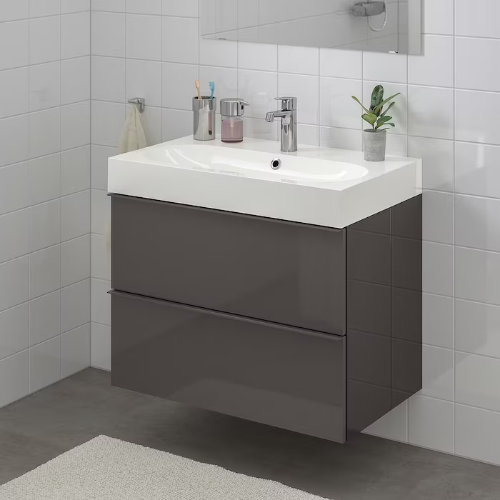 Wash-stand with 2 drawers, high-gloss grey/Brogrund tap, 80x48x68 cm