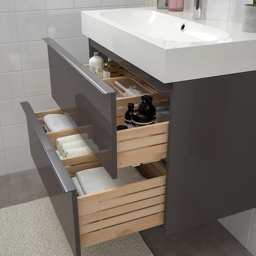 Wash-stand with 2 drawers, brown stained ash effect/Dalskär tap, 103x49x64 cm