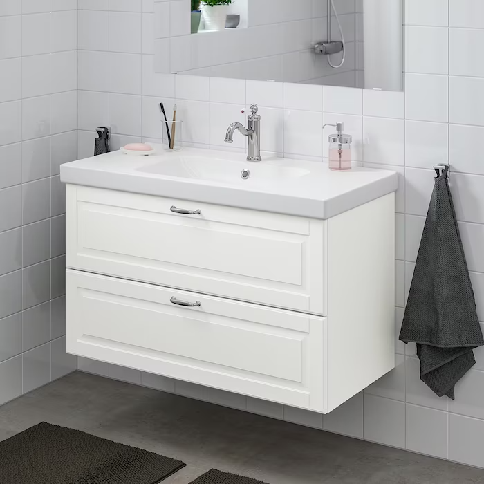 Wash-stand with 2 drawers, Kasjön white/Hamnskär tap, 103x49x64 cm