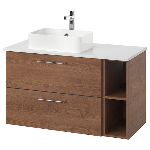 Wsh-stnd w countertop 45 wsh-basin, Gillburen brown stained ash effect/marble effect Brogrund tap, 102x49x72 cm