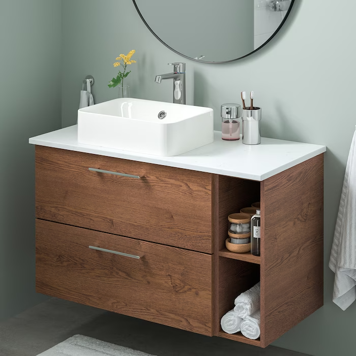 Wsh-stnd w countertop 45 wsh-basin, Gillburen brown stained ash effect/marble effect Brogrund tap, 102x49x72 cm