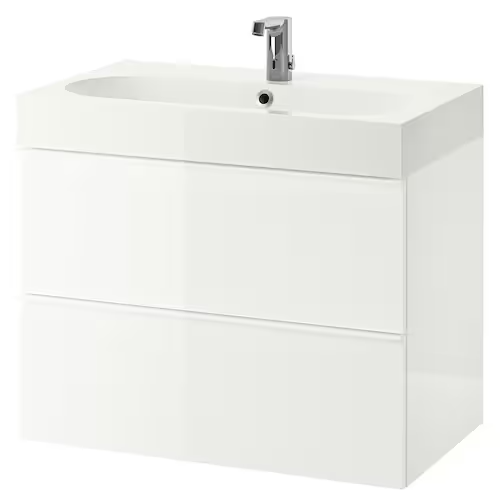 Wash-stand with 2 drawers, high-gloss white/Brogrund tap, 80x48x68 cm