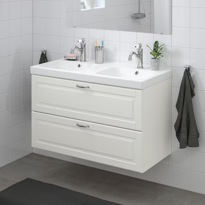 Wash-stand with 2 drawers, Kasjön white/Hamnskär tap, 103x49x64 cm