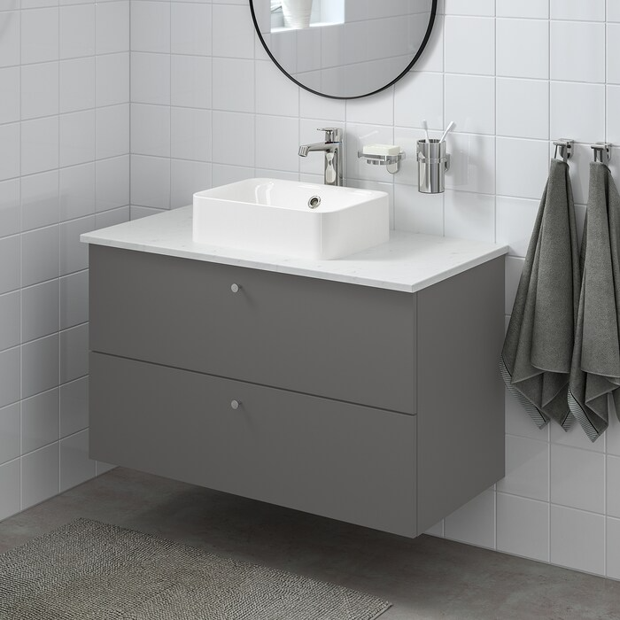 Wsh-stnd w countrtop 45x32 wsh-bsn, Gillburen dark grey/marble effect Brogrund tap, 102x49x72 cm