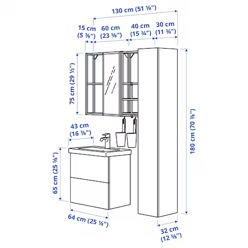 Bathroom furniture, set of 18, white/anthracite Ensen tap, 64x43x65 cm