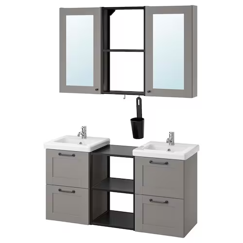 Bathroom furniture, set of 22, grey frame/anthracite Pilkån tap, 124x43x65 cm