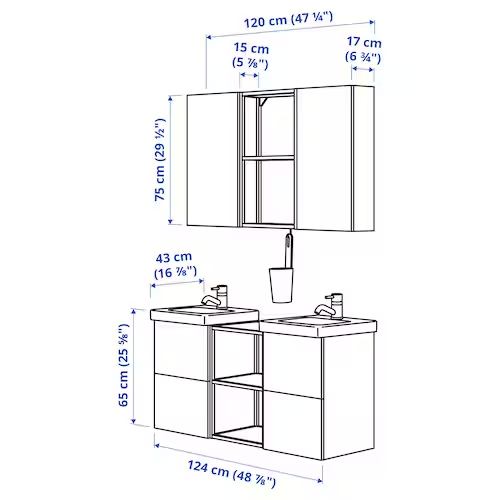 Bathroom furniture, set of 22, grey frame/anthracite Pilkån tap, 124x43x65 cm