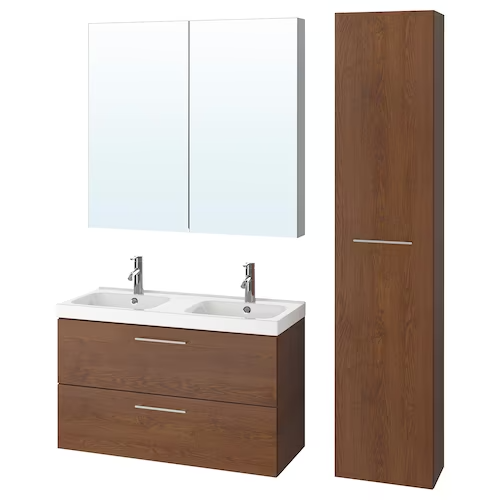 Bathroom furniture, set of 6, brown stained ash effect/Dalskär tap, 103x49x64 cm