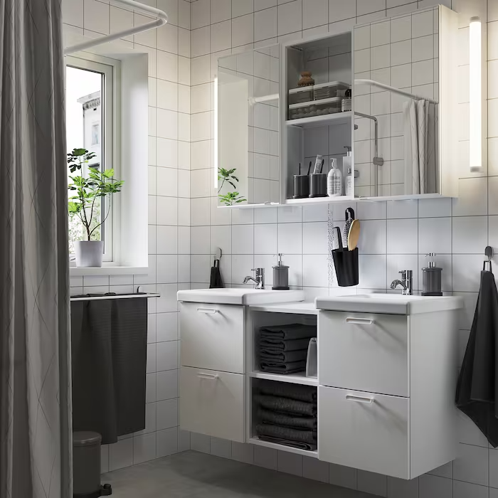 Bathroom furniture, set of 13, grey frame/anthracite Pilkån tap, 64x33x65 cm