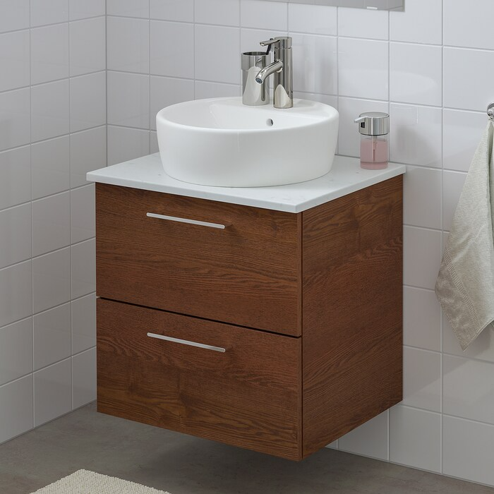 Wsh-stnd w countertop 45 wsh-basin, brown stained ash effect/marble effect Dalskär tap, 62x49x74 cm