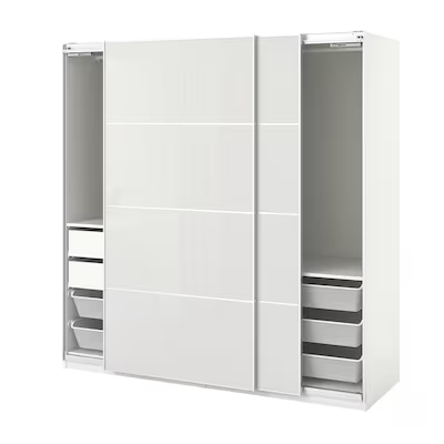 PAX / HOKKSUND Wardrobe combination, white/high-gloss light grey, 200x66x201 cm