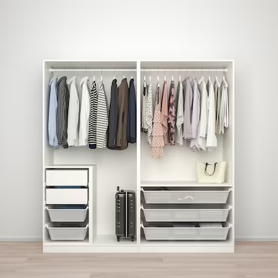 PAX / HOKKSUND Wardrobe combination, white/high-gloss light grey, 200x66x201 cm