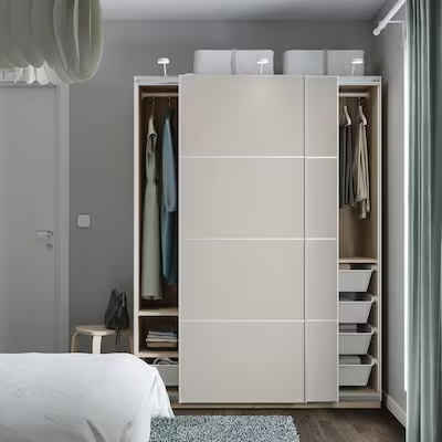 PAX / MEHAMN Wardrobe, white/double sided light grey, 150x66x201 cm