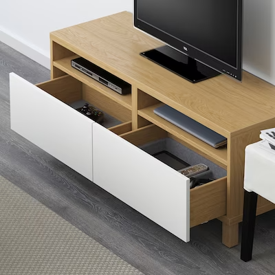 BESTÅ TV bench with drawers, oak effect/Lappviken white, 120x42x48 cm