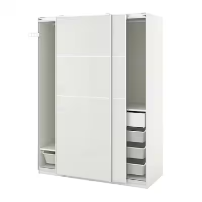 PAX / HOKKSUND Wardrobe combination, white/high-gloss light grey, 150x66x201 cm