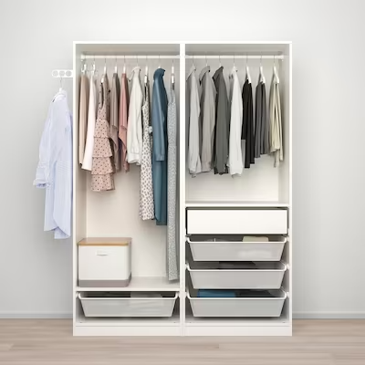 PAX / HOKKSUND Wardrobe combination, white/high-gloss light grey, 150x66x201 cm