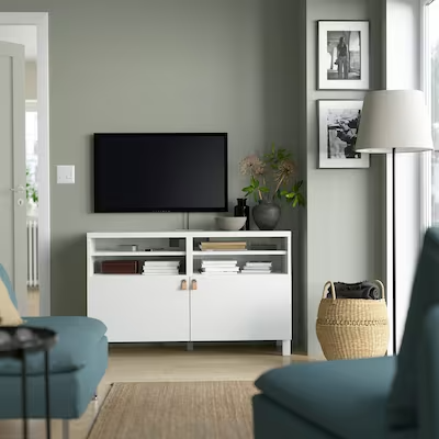 BESTÅ TV bench with doors, white/Lappviken/Stubbarp white, 120x42x74 cm