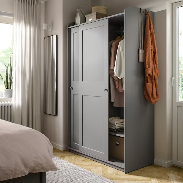 HAUGA Wardrobe with sliding doors, grey, 118x55x199 cm