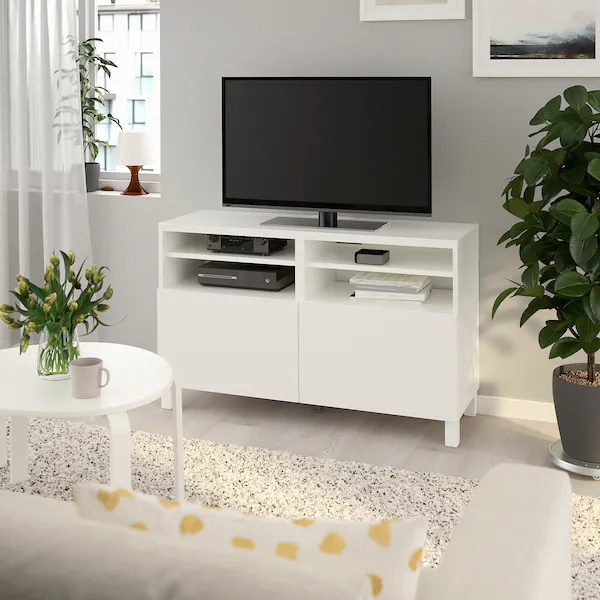 BESTÅ TV bench with doors, white/Lappviken/Stubbarp white, 120x42x74 cm