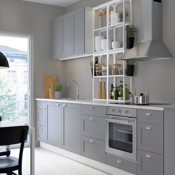 ENHET Kitchen, white/grey frame, 323x63.5x241 cm