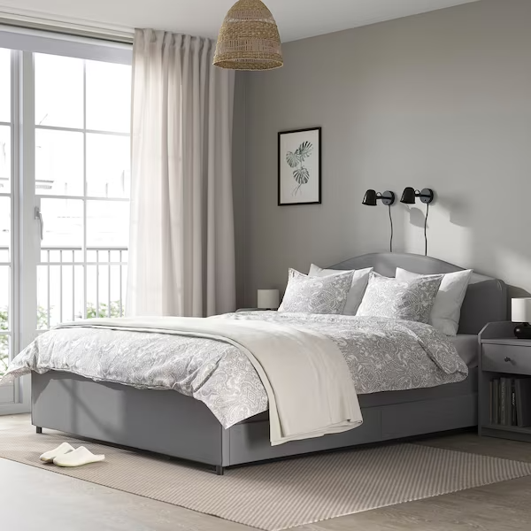 HAUGA Upholstered bed, 2 storage boxes, Vissle grey, Standard Double