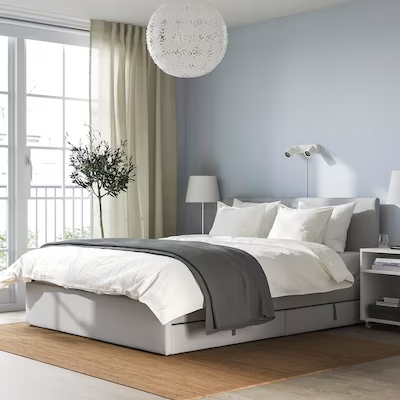 GLADSTAD Upholstered bed, 2 storage boxes, Kabusa light grey, Standard Double