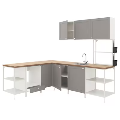 ENHET Corner kitchen, white/grey frame