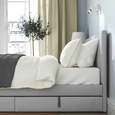 GLADSTAD Upholstered bed, 2 storage boxes, Kabusa light grey, Standard Double