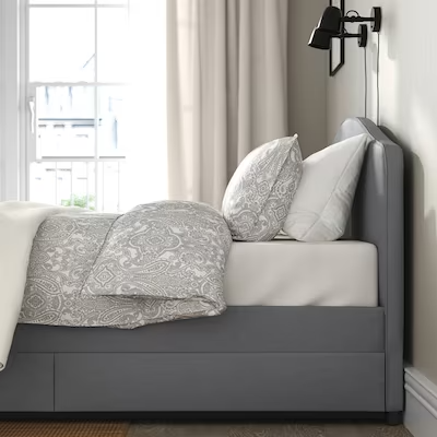 HAUGA Upholstered bed, 2 storage boxes, Vissle grey, Standard Double