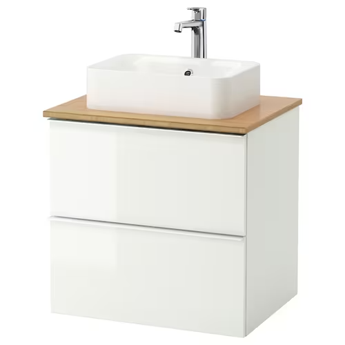 Wsh-stnd w countrtop 45x32 wsh-bsn, high-gloss white/bamboo Brogrund tap, 62x49x72 cm