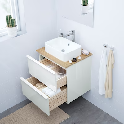 Wsh-stnd w countrtop 45x32 wsh-bsn, high-gloss white/bamboo Brogrund tap, 62x49x72 cm