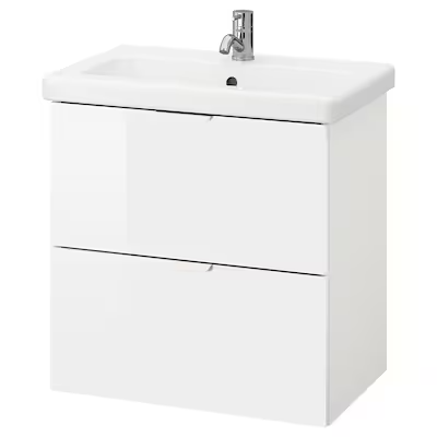 Wash-stand with 2 drawers, high-gloss white/white Pilkån tap, 64x43x65 cm