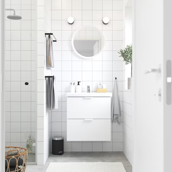 Wash-stand with 2 drawers, high-gloss white/white Pilkån tap, 64x43x65 cm