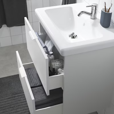 Wash-stand with 2 drawers, high-gloss white/white Pilkån tap, 64x43x65 cm