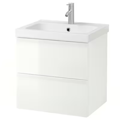 Wash-stand with 2 drawers, high-gloss white/Dalskär tap, 63x49x64 cm