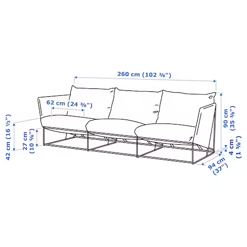 3-seat sofa, in/outdoor, beige, 260x94x90 cm