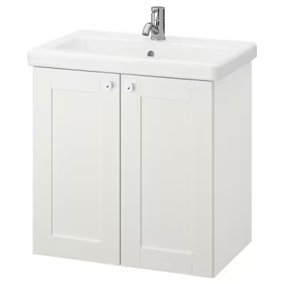 Wash-basin cabinet with 2 doors, white frame/white Pilkån tap, 64x43x65 cm